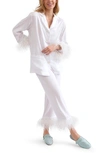 Sleeper Party Ostrich Feather-trim 2-piece Pajama Set In White