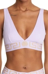 Versace Purple Greca Border Triangle Bikini Top In Lillac