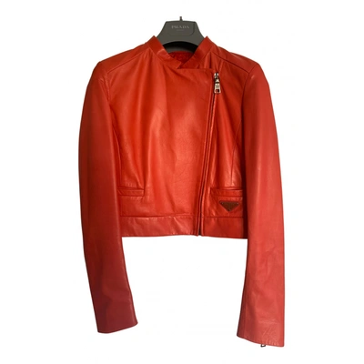 Pre-owned Prada Leather Biker Jacket In Orange