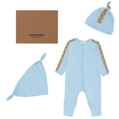 Burberry Check-trim Three-piece Playsuit Set (1-18 Months) In Blue