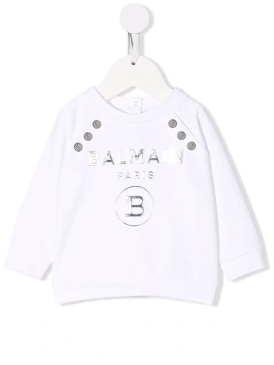 Balmain Babies' Debossed-logo Cotton Sweatshirt In Bianco/argento
