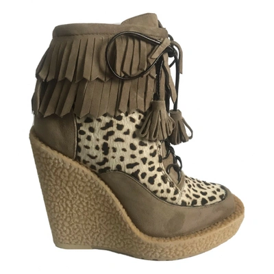 Pre-owned Emma Cook Leather Lace Up Boots In Beige