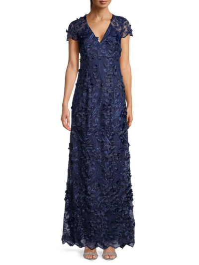 Theia Women's 3d Floral-appliqué & Embroidery Gown In Navy