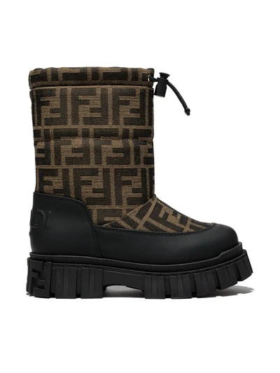 Fendi Kids' Ff Shearling-trimmed Ski Boots In Nero+tabacco Nero