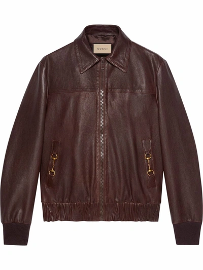 Gucci Leather Bomber Jacket In Burgundy