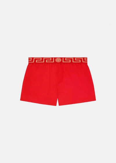 Versace Greca Border Swim Shorts In Red