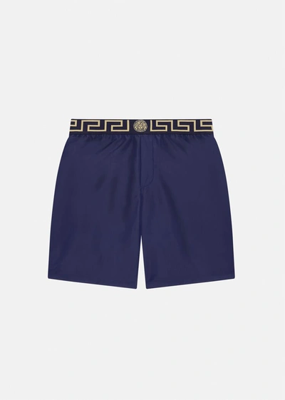 Versace Navy Mid-length Greca Border Swim Shorts In Blue