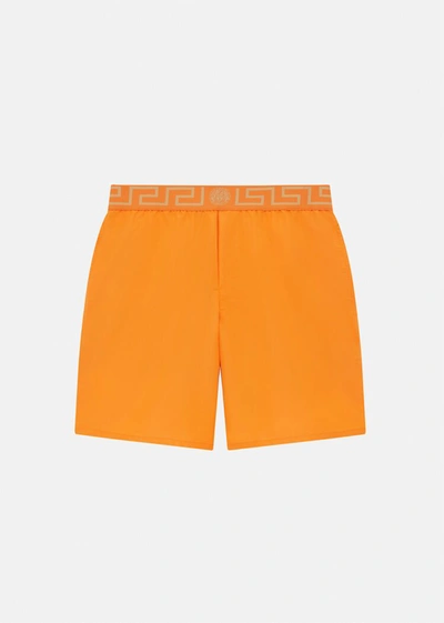 Versace Greca Border Boardshorts In Orange