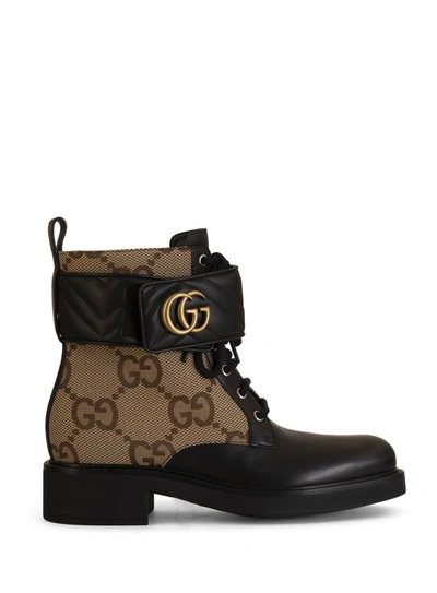 Gucci Gg Marmont Round-toe Leather And Canvas Ankle Boots In Black