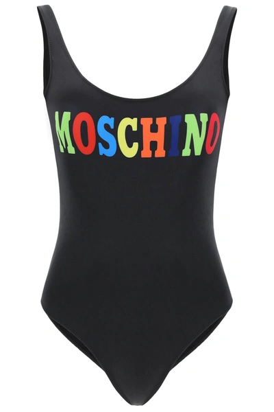 Moschino One Piece Swimsuit With Multicolor Logo In Black