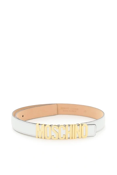 Moschino Logo文字皮质腰带 In White