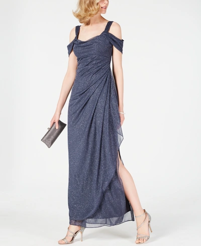 Alex Evenings Cold-shoulder Draped Metallic Gown Regular & Petite Sizes In Smoke