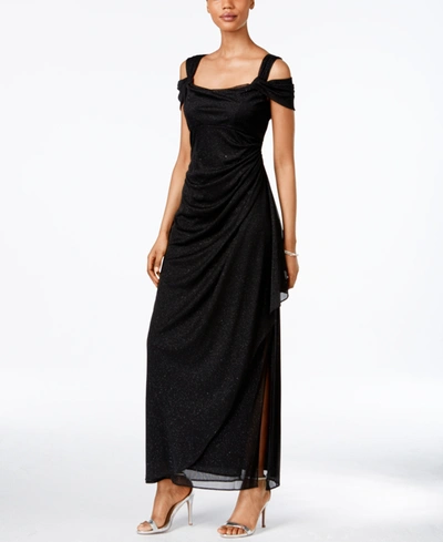 ALEX EVENINGS PETITE COLD-SHOULDER DRAPED METALLIC GOWN