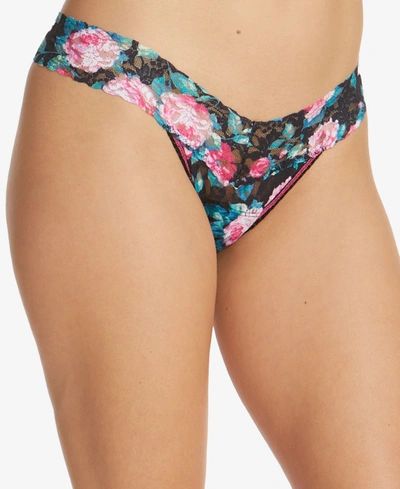 Hanky Panky Low-rise Printed Lace Thong In Black Pink Multi Floral