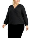 Inc International Concepts Plus Size Blouson-sleeve Surplice Top, Created For Macy's In Deep Black