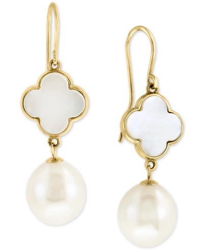 Effy Collection Effy Mother-of-pearl & Freshwater Pearl (9-1/2mm) Drop Earrings In 14k Gold In 14k Yellow Gold