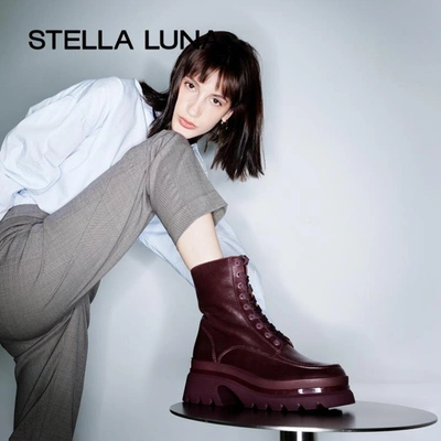 Stella Luna 2021秋冬新款厚底牛皮革系带中跟短靴女士马丁靴子 In Brown