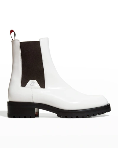Christian Louboutin Men's Motok Red Sole Leather Chelsea Boots In White