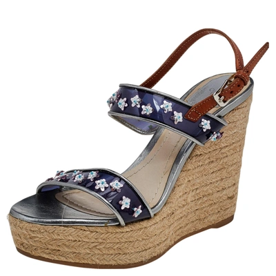 Pre-owned Dior Blue/brown Pvc And Leather Flower Embellished Wedge Platform Espadrille Sandals Size 38.5