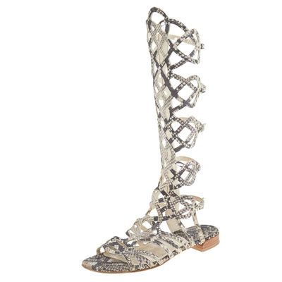 Pre-owned Stuart Weitzman Beige Python Embossed Leather Gladiator Sandals Size 36.5