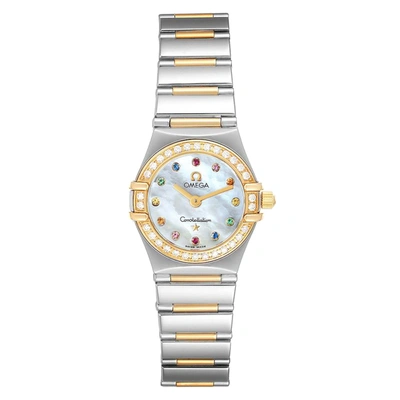 Pre-owned Omega Mop 18k Yellow Gold Stainless Steel Constellation Multi Stones 1365.79.00 Women's Wristwatch 22.5mm In White