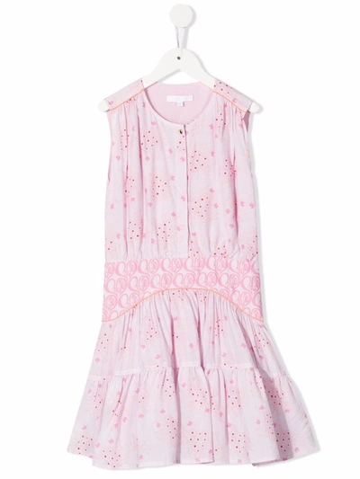 Chloé Kids' Floral Print Flared Dress In Pink