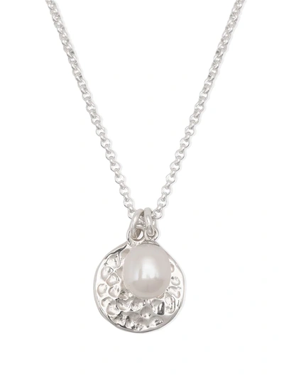 Dower & Hall Hammered Disc Pearl Pendant Necklace In Silver