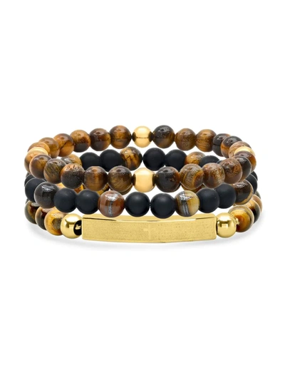 Anthony Jacobs Men's 3-piece 18k Goldplated Stainless Steel, Tiger Eye & Black Lava Beaded Bracelet Set