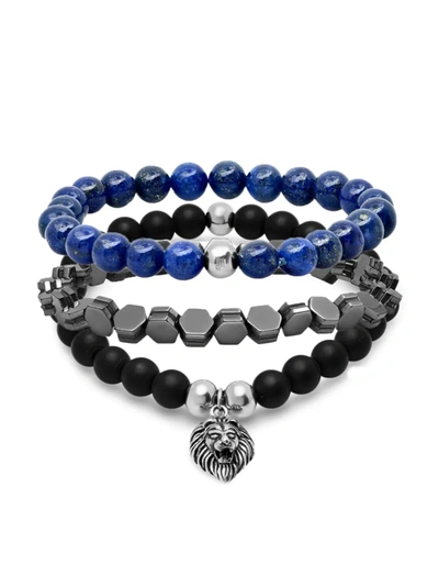 Anthony Jacobs Men's 3-piece Stainless Steel, Black Lava, Blue Lapis & Hematite Beaded Bracelet Set