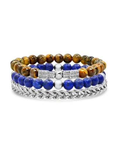 Anthony Jacobs Men's 3-piece Stainless Steel, Blue Lapis & Tiger Eye Beaded Bracelet Set