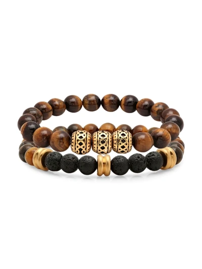 Anthony Jacobs Men's 2-piece 18k Goldplated Stainless Steel, Tiger Eye & Black Lava Beaded Bracelet Set