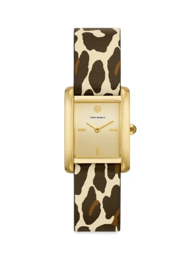 Tory Burch The Eleanor Watch With Animal-print Leather Strap In Gold/multi