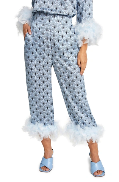 River Island Geo Print Feather Hem Crop Trousers In Blue