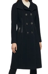 Guess Removable Faux Fur Collar Wool Blend Double Breasted Walker Coat In Navy