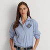 Lauren Petite Striped Logo Cotton Broadcloth Shirt In Blue/white