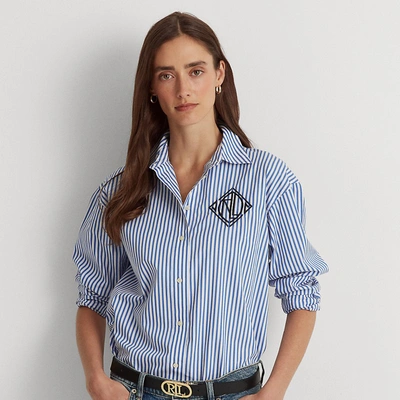 Lauren Petite Striped Logo Cotton Broadcloth Shirt In Blue/white