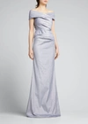 Rickie Freeman For Teri Jon Cuffed Off-the-shoulder Metallic Column Gown In Platinum