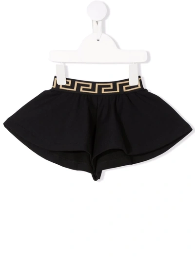Versace Babies' Waistband-logo Flared Shorts In Black