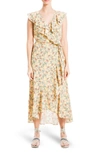 Max Studio Patterned Ruffle Wrap Midi Dress In Yellow Leafy Floral Wave