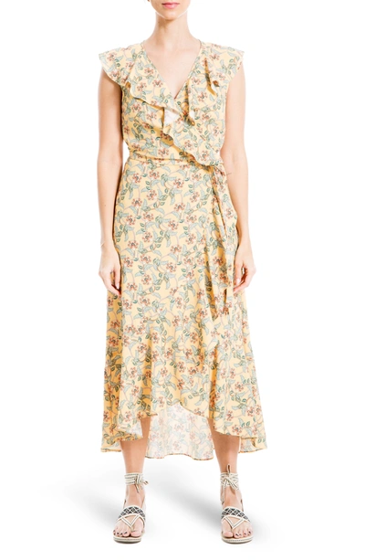 Max Studio Patterned Ruffle Wrap Midi Dress In Yellow Leafy Floral Wave