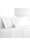 Melange Percale Cotton Single Stripe Embroidered 4-piece Sheet Set In Blue