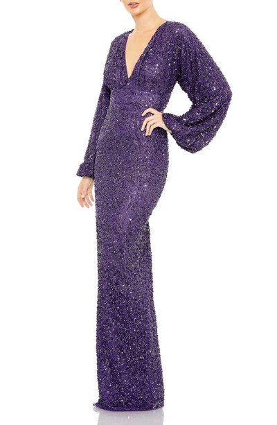 Mac Duggal Long Sleeve Sequin Gown In Amyethst