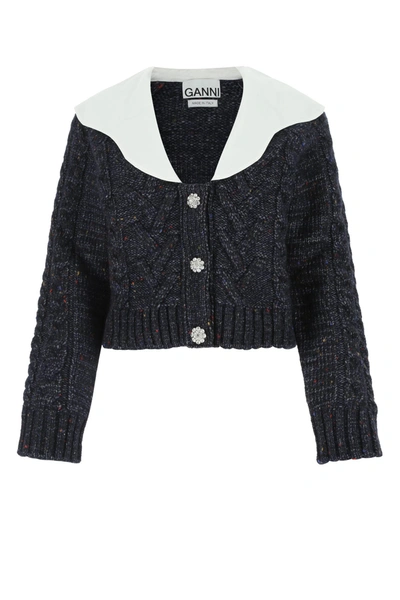 Ganni Soft Wool Knit Cardigan Ebony Melange Size Xs In Blue