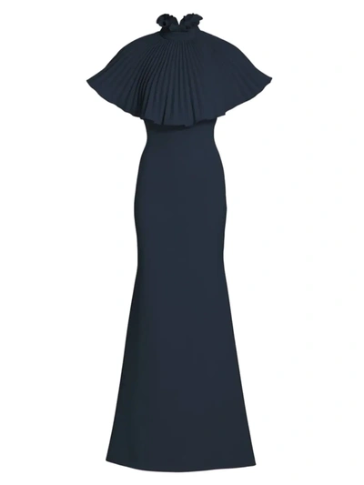 Theia Stretch Crepe Fitted Mermaid Gown With Pleated Cape In Navy