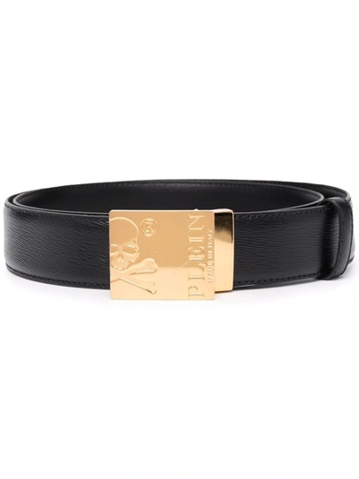 Philipp Plein Skull-logo Engraved Buckle Belt In Black