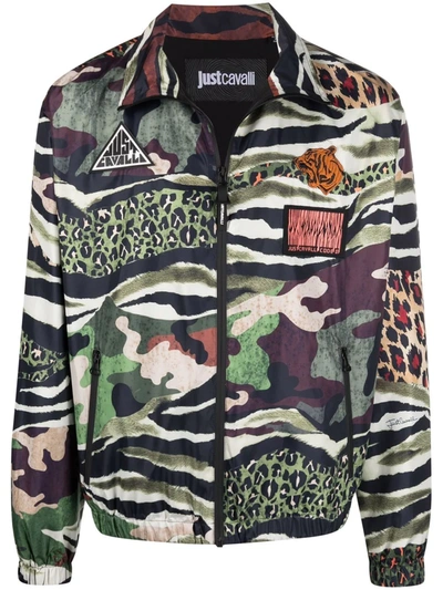 Just Cavalli Technical Fabric Jacket With All-over Camouflage Print In Multicolor