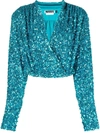 Rotate Birger Christensen Aurelia Cropped Sequined Stretch-jersey Wrap Top In Blau