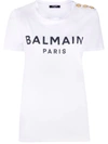 Balmain White Crewneck T-shirt With Logo Print And Golden Buttons In Jersey Woman In Weiss