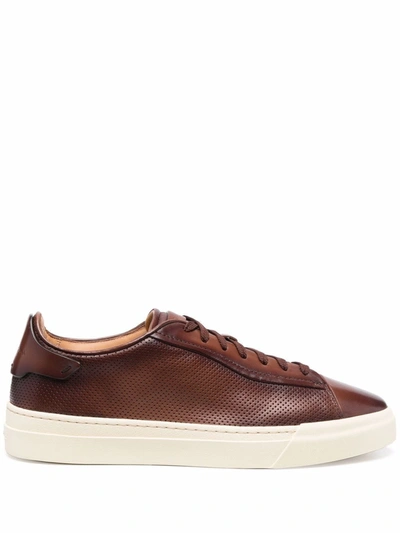 Santoni Men's Polished Brown Leather Perforated-effect Sneaker