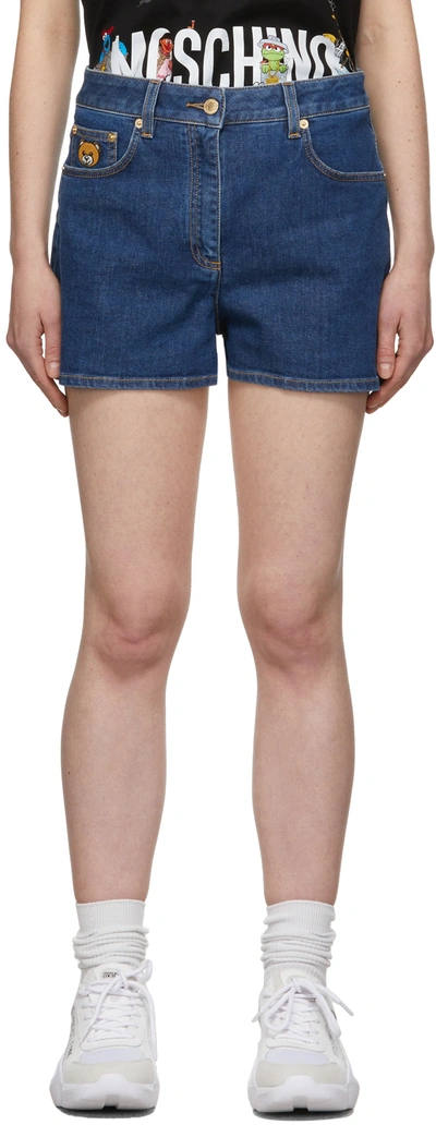 Moschino Short With Teddy Embroideredcotton Denim Short With Teddy Embroidered In Blue